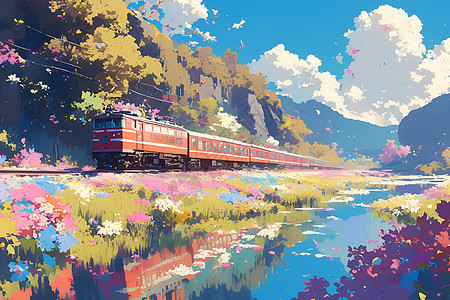 绚丽春色中的火车图片