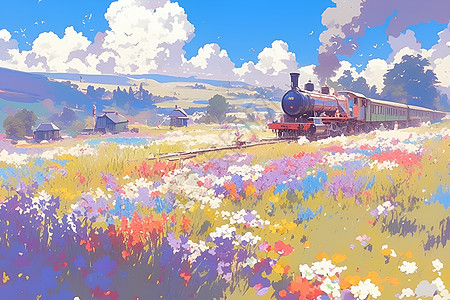缤纷春色中的火车图片