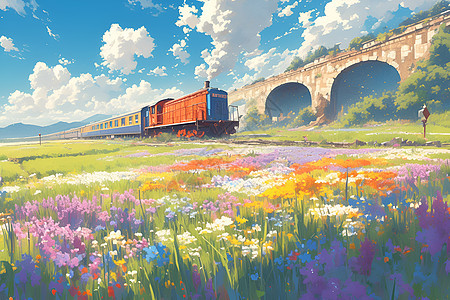 列车穿过花海美景图片