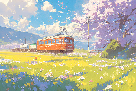 火车行驶在春天的世外桃源图片