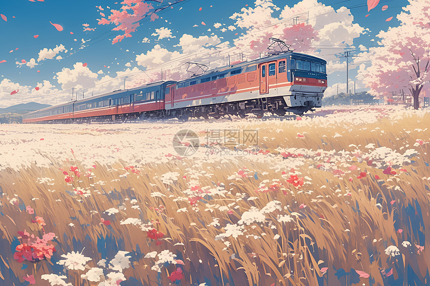 火车穿过春天色彩的田野图片
