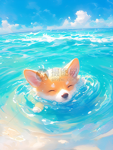 小狗在水里游泳图片