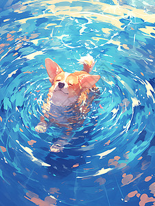 泳池中的柯基小狗图片
