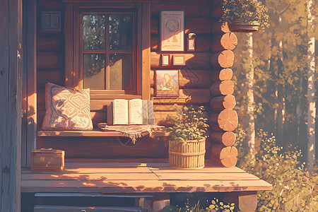 阳光里的木屋阳台图片