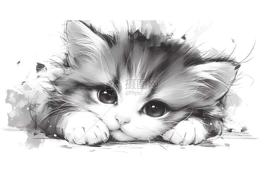 可爱猫咪的黑白图图片