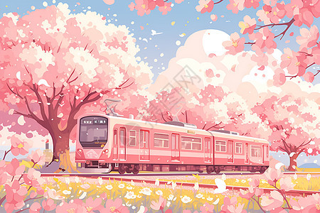 樱花树下穿行的火车图片