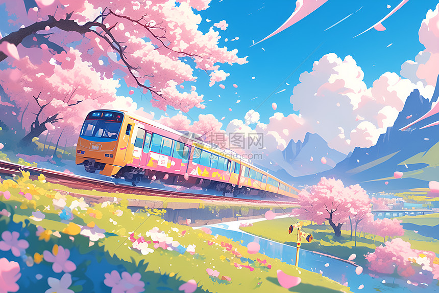 列车穿越粉色树林图片