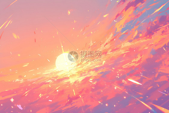 星河背景下的夕阳绘画图片