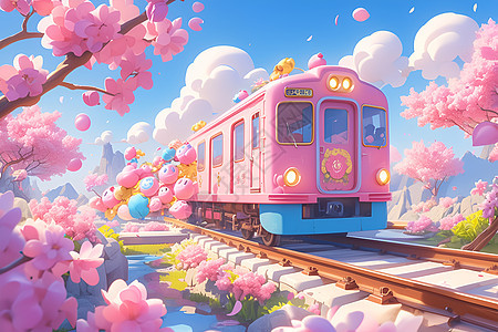 樱花中的粉色小火车图片
