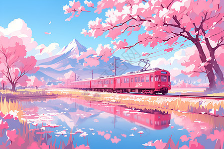 火车穿梭樱花树间图片