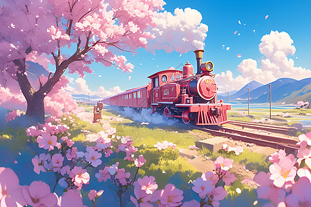 樱花中的粉红列车背景图片