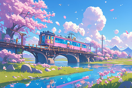 粉色火车穿越樱花桥图片