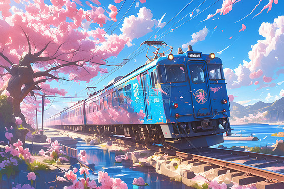 穿梭樱花中的列车图片