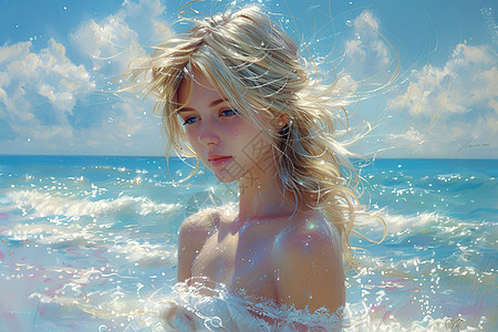 优雅的白裙女孩站在海浪里图片