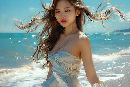 海风中的瑰丽少女图片