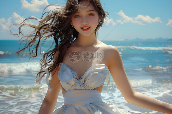 海滩上穿着白裙子的女孩图片