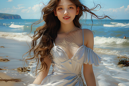 阳光海滩上的美丽女孩图片