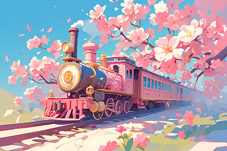 粉色火车穿行于花间图片