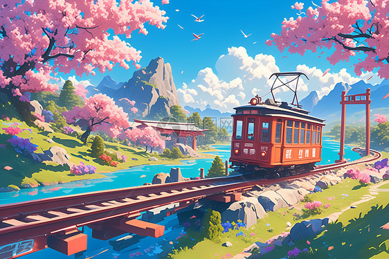 粉色火车穿梭于春日花海中图片