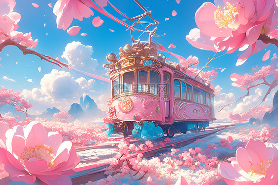 粉色火车穿行于繁花中图片