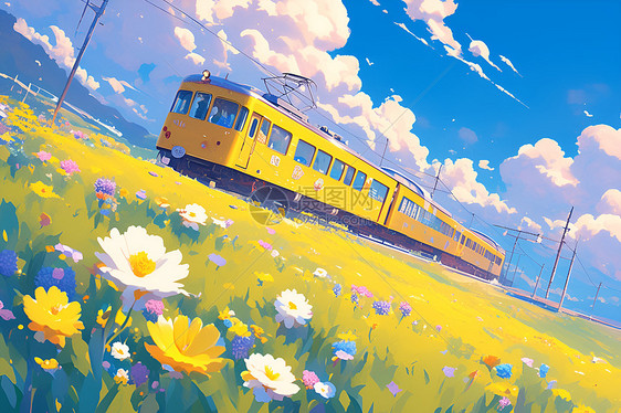 黄色火车穿越在春日的花海图片