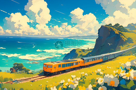 阳光列车行驶在美丽沿海之旅图片