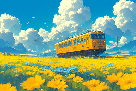 缤纷油菜花间穿行的黄色火车图片