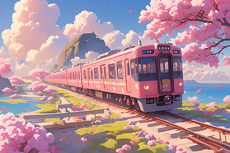 行驶的粉红色列车图片