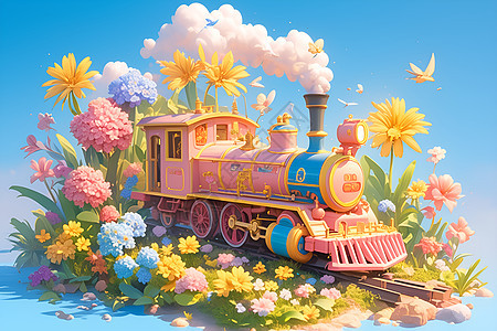 粉色火车与盛开的花朵图片