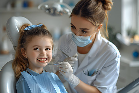 诊所中检查牙齿的女孩图片