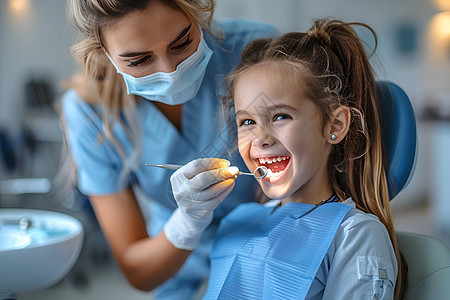 在牙科诊所内看牙的女孩图片