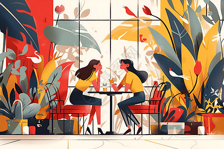 女士欢呼两位女士在咖啡馆里聊天插画