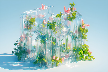 奇幻玻璃建筑中的植物高清图片