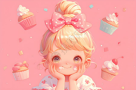 甜蜜可爱的小姑娘与杯子蛋糕图片