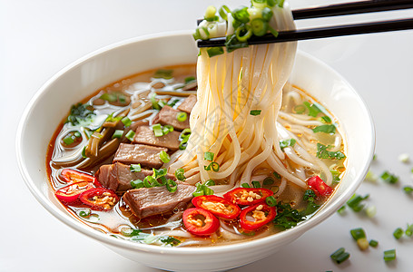 仿瓷碗瓷碗中美味的食物牛肉面背景