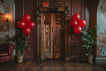 房屋内的红色气球图片