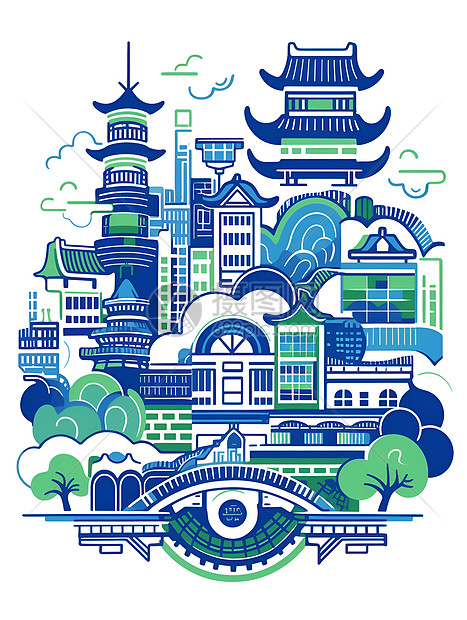 蓝色建筑插画图片