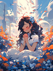 女孩在花丛里祈祷图片