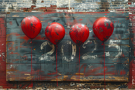 木板墙上的红色气球图片