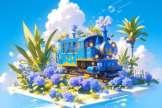 花园中的蓝色列车图片