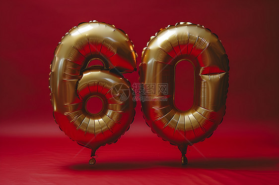 红色幕布上的金色数字气球图片