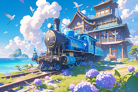 海边的蓝色火车背景图片