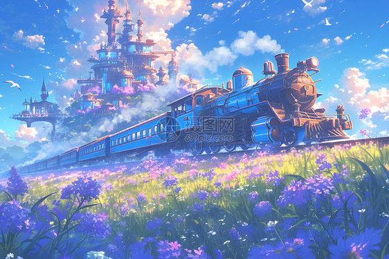 蓝色火车穿过野花盛开的山坡图片