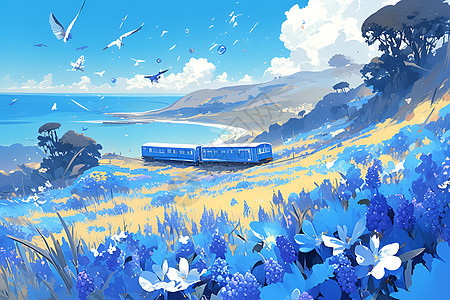 蓝色火车穿越风信子的田野背景图片