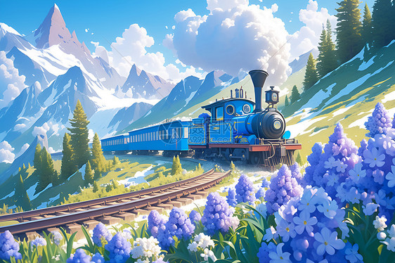 山谷里的蓝色火车图片