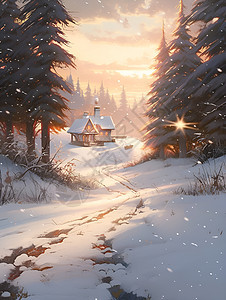 小屋与雪景图片