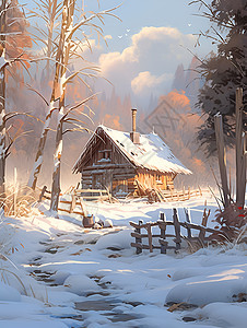 雪景中的小屋与图片