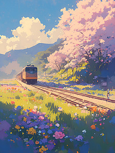 列车穿过春天花海图片