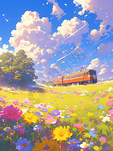 火车穿梭在花卉中图片