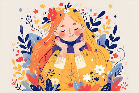 红发少女和花朵与叶子图片